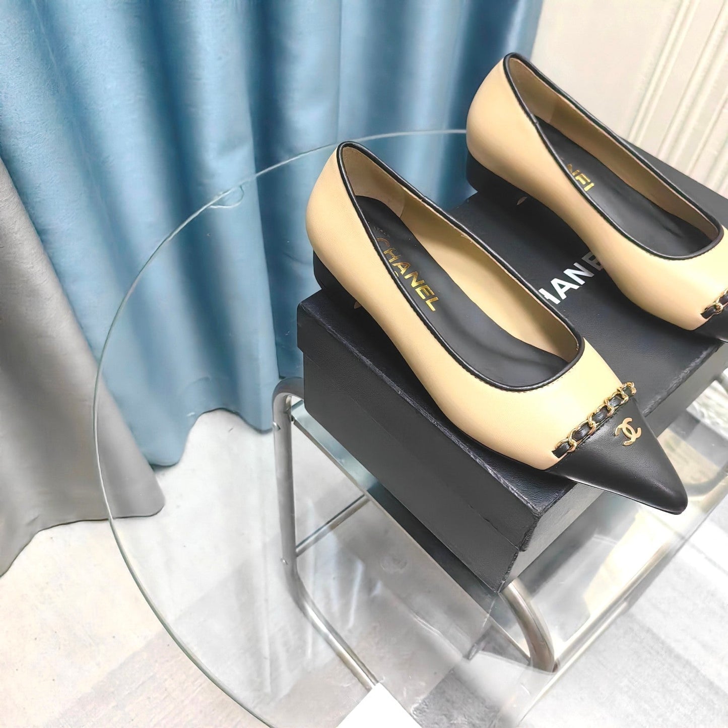 CHANEL Ballet Flats Beige Chain Lambskin
