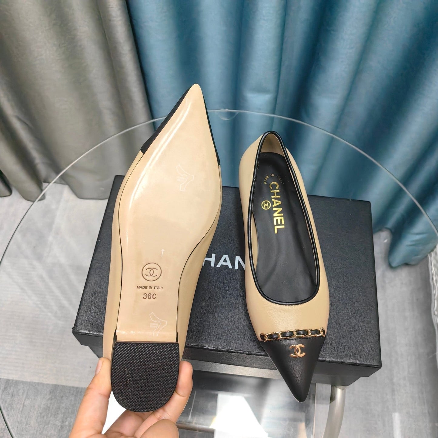 CHANEL Ballet Flats Beige Chain Lambskin
