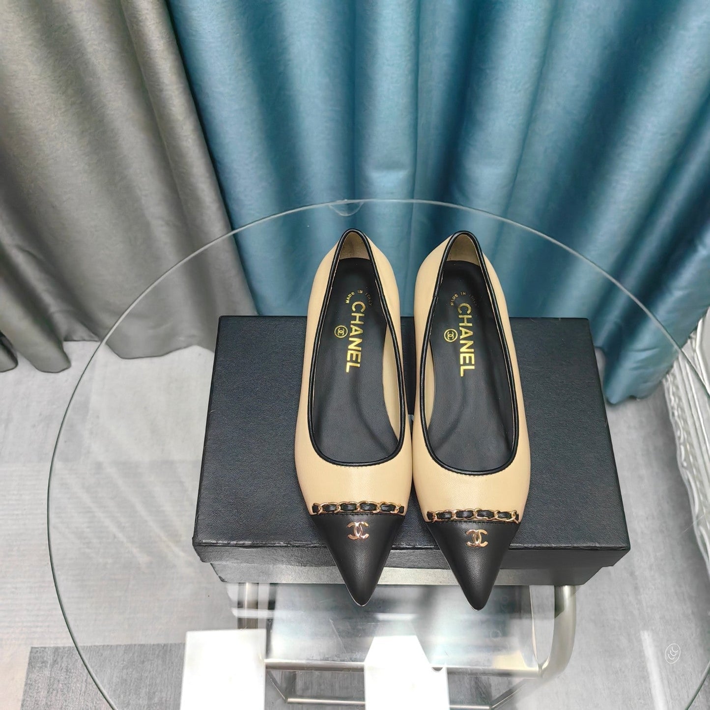CHANEL Ballet Flats Beige Chain Lambskin
