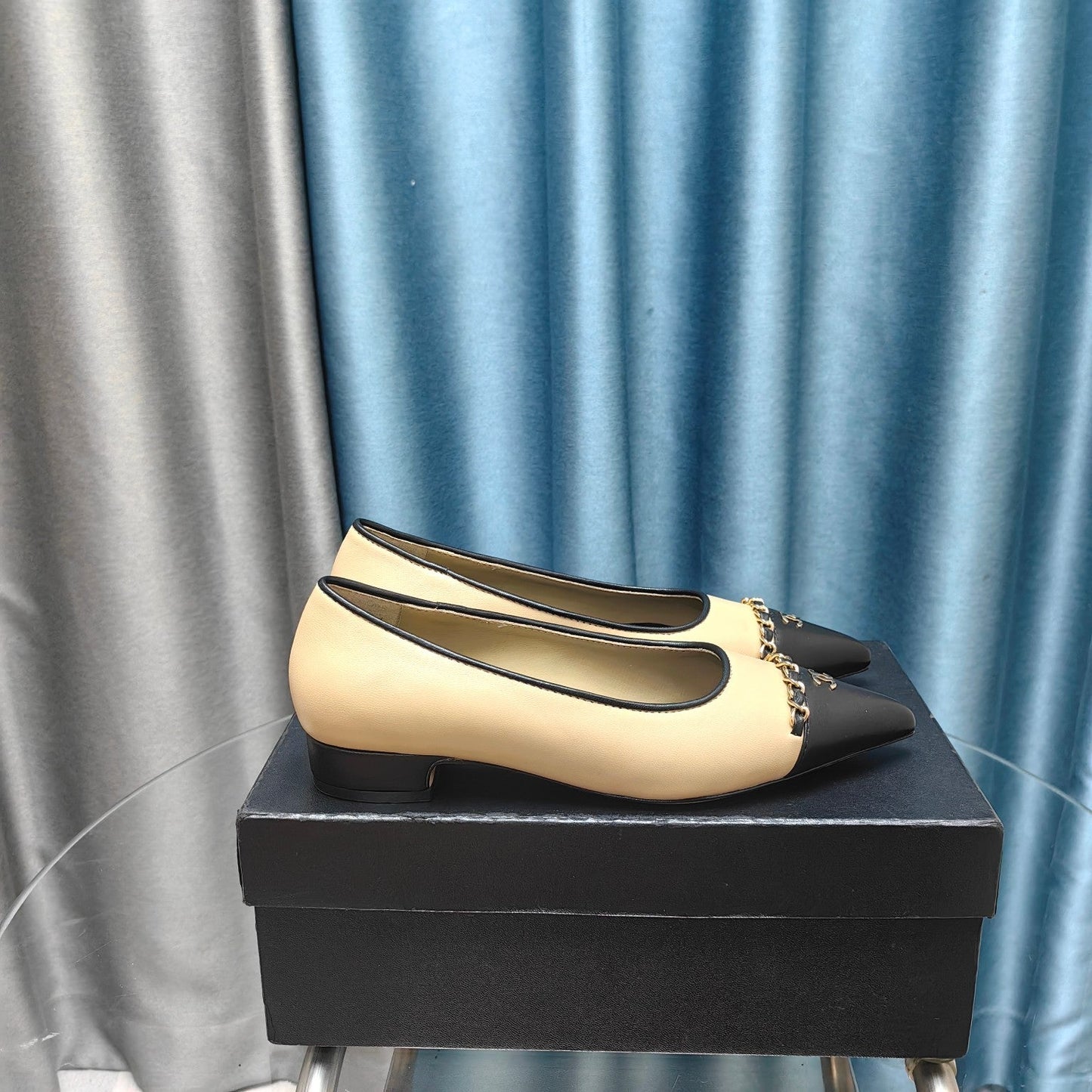 CHANEL Ballet Flats Beige Chain Lambskin