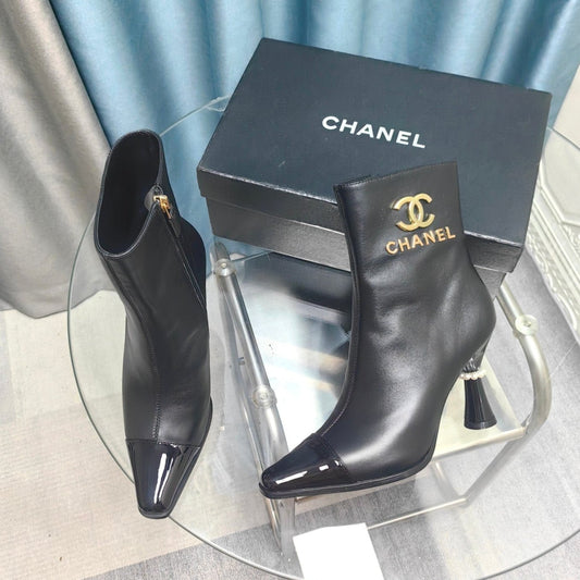 CHANEL Ankle Boots Black Cowhide And Lambskin