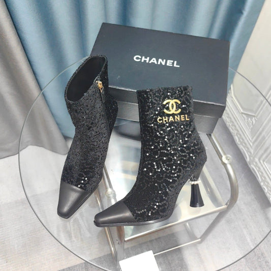 CHANEL Ankle Boots Black Beaded Fabric And Cowhide