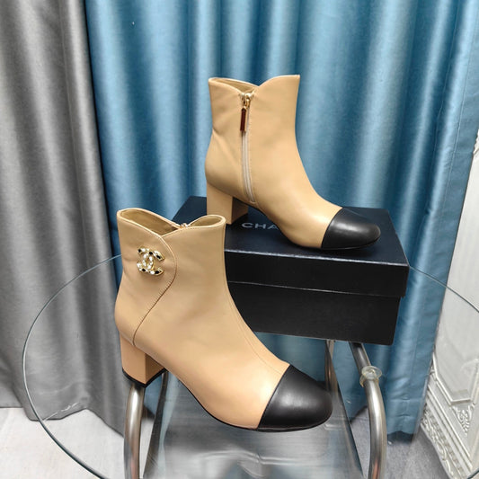 CHANEL Ankle Boots Beige Cowhide