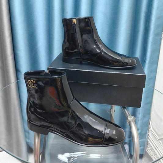 CHANEL Ankle Boots Glossy Black Calfskin