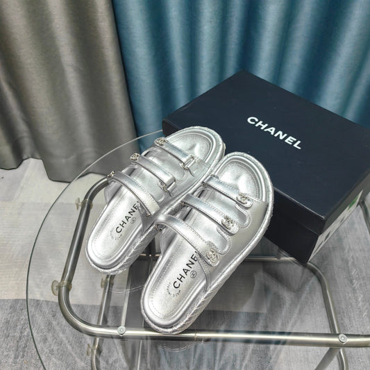 CHANEL 25C Sandal Triple Straps Silver Calfskin