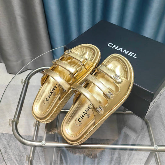 CHANEL 25C Sandal Triple Straps Gold Calfskin