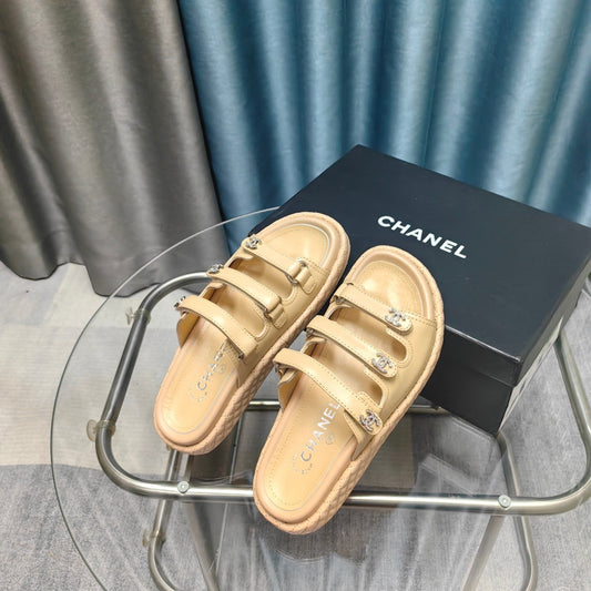 CHANEL 25C Sandal Triple Straps Beige Calfskin