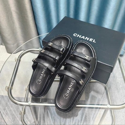 CHANEL 25C Sandal Triple Straps Black Calfskin