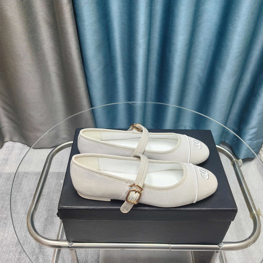 CHANEL 25C Marry Janes Cream Fabric