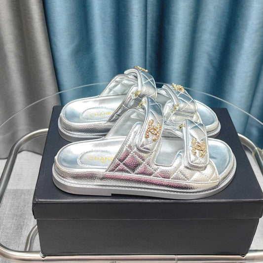 CHANEL 25C Dad Mule Silver Metalic Grained Calfskin