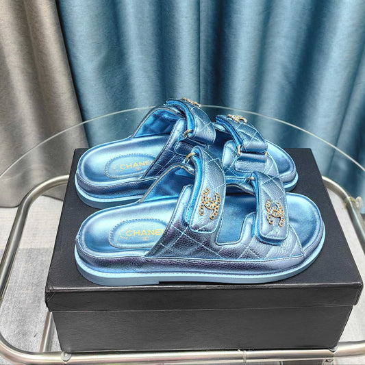 CHANEL 25C Dad Mule Cloud Blue Metalic Grained Calfskin