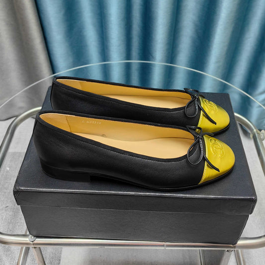 CHANEL 25P Ballet Flat Black Calfskin Yellow Patent Calfskin