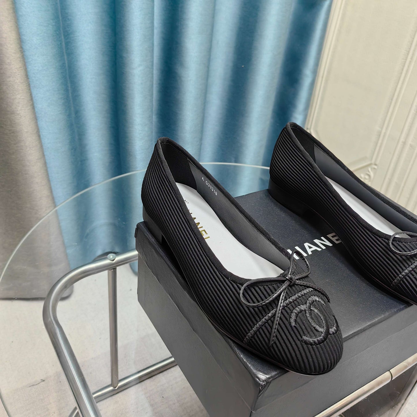 CHANEL 25P Ballet Flat Black Striped Fabric