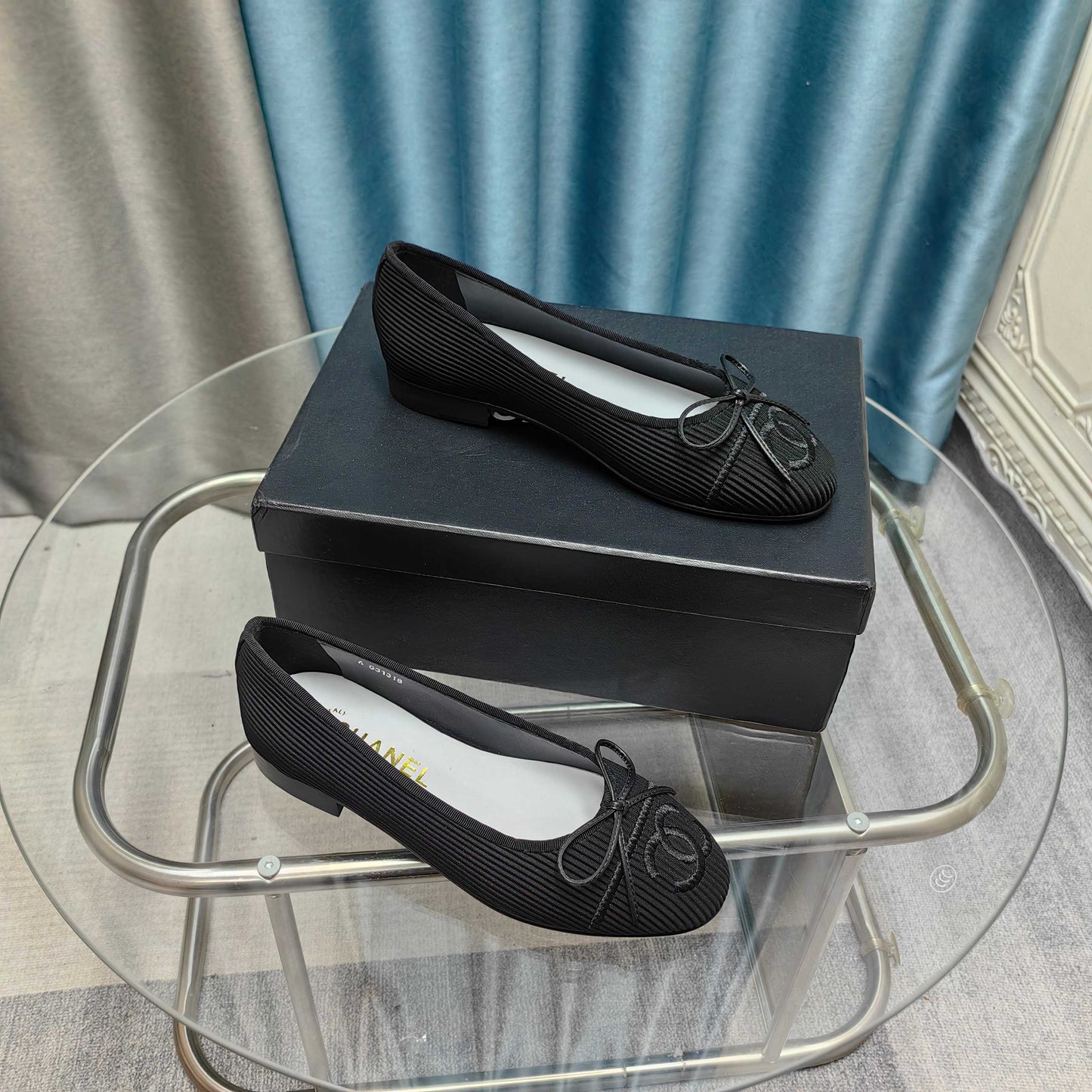 CHANEL 25P Ballet Flat Black Striped Fabric