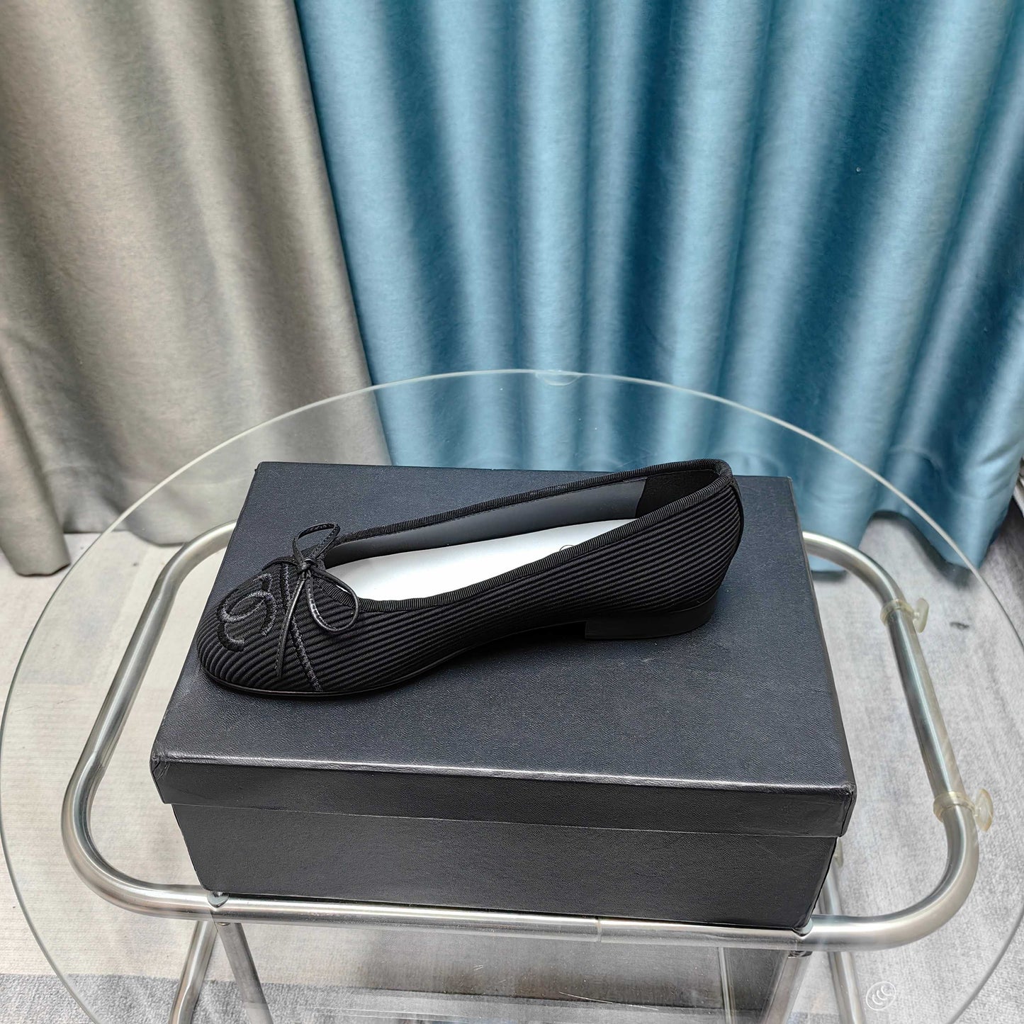CHANEL 25P Ballet Flat Black Striped Fabric