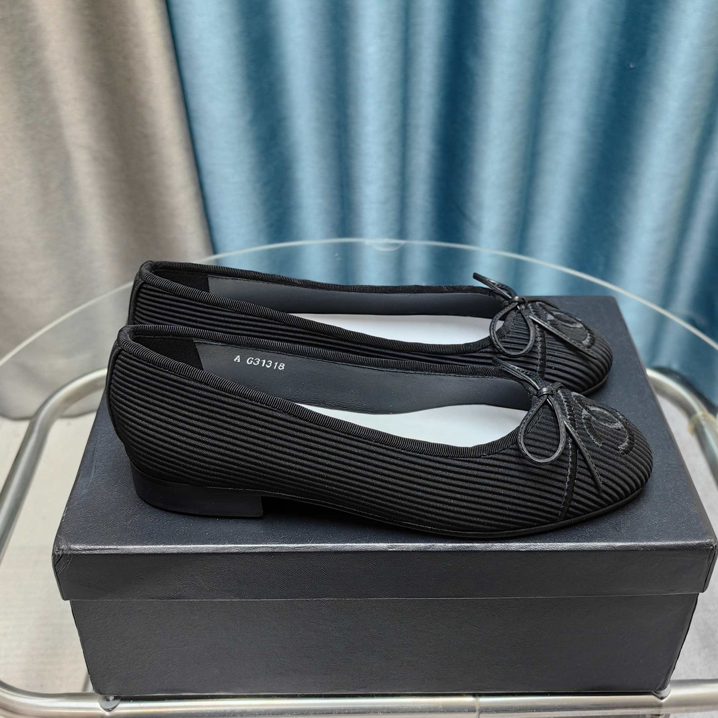 CHANEL 25P Ballet Flat Black Striped Fabric