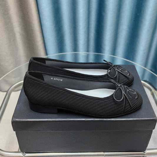 CHANEL 25P Ballet Flat Black Striped Fabric