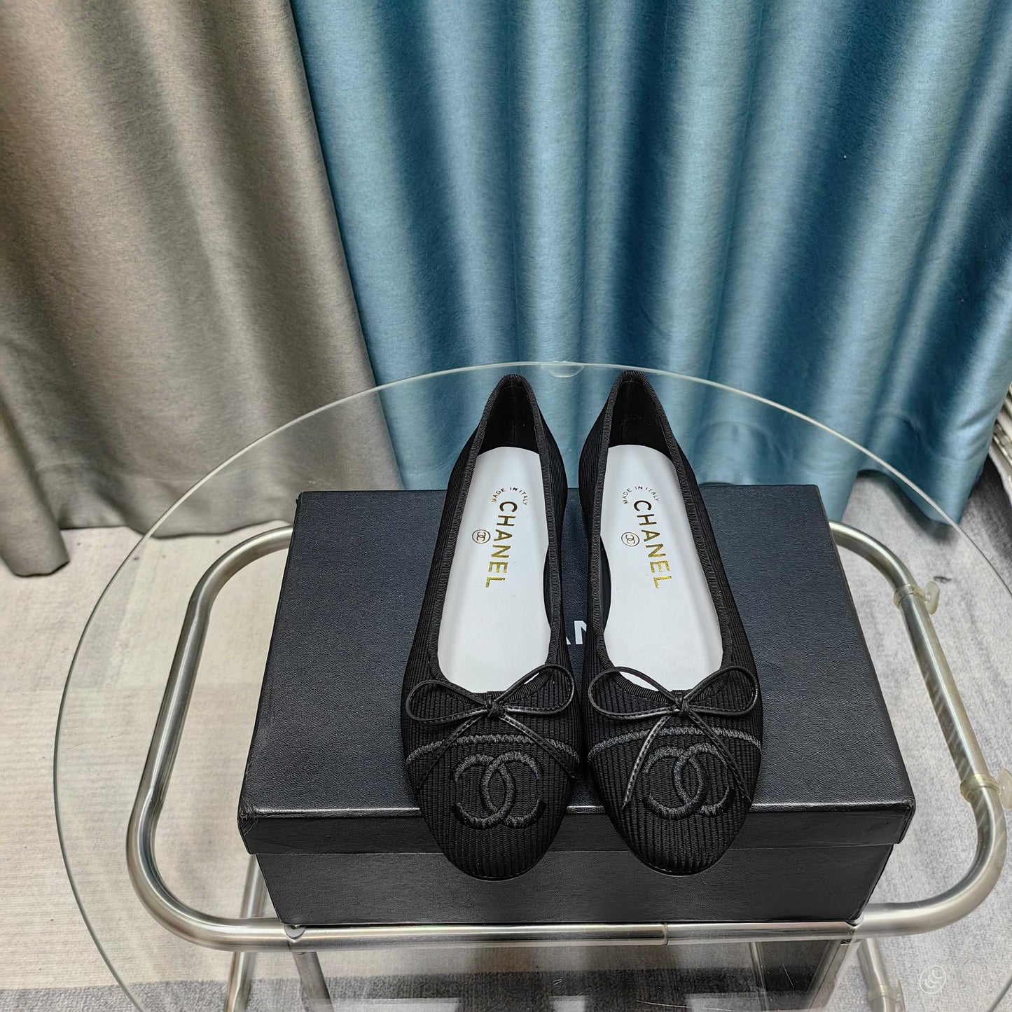 CHANEL 25P Ballet Flat Black Striped Fabric
