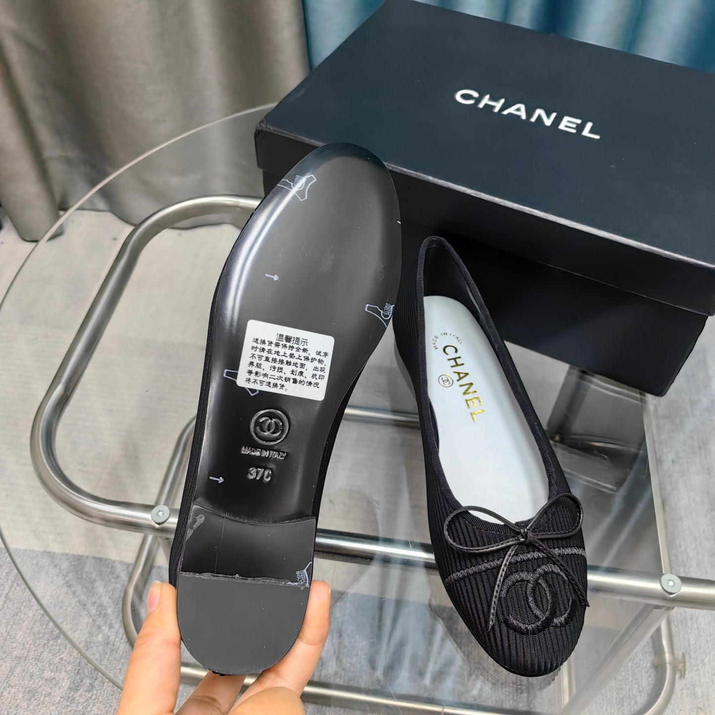 CHANEL 25P Ballet Flat Black Striped Fabric