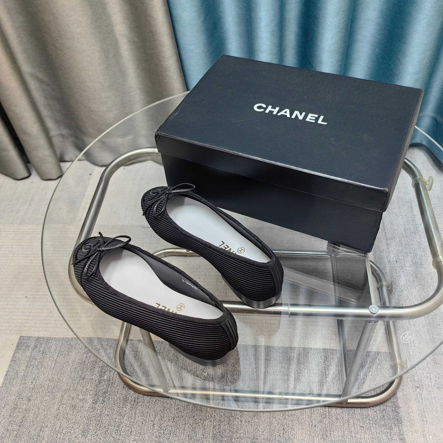 CHANEL 25P Ballet Flat Black Striped Fabric