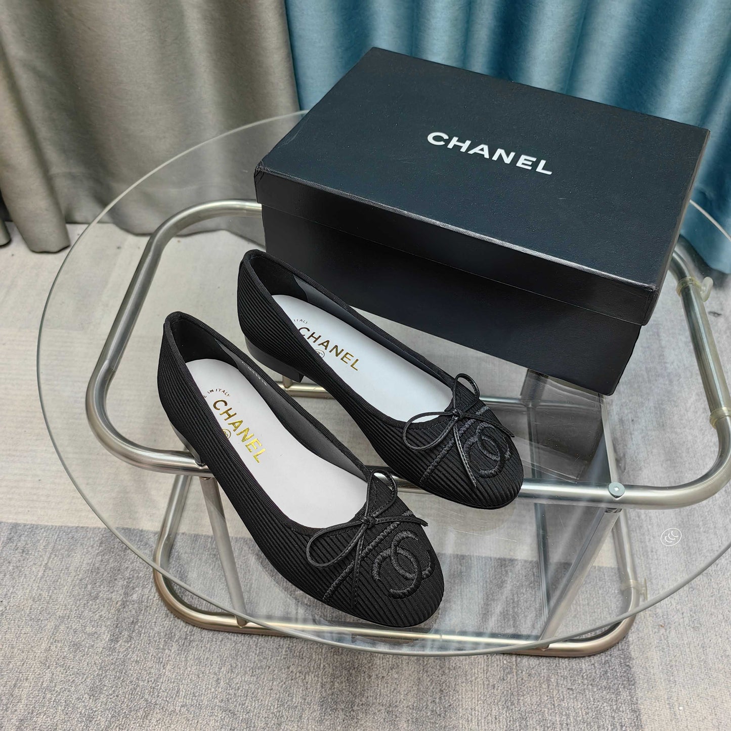 CHANEL 25P Ballet Flat Black Striped Fabric