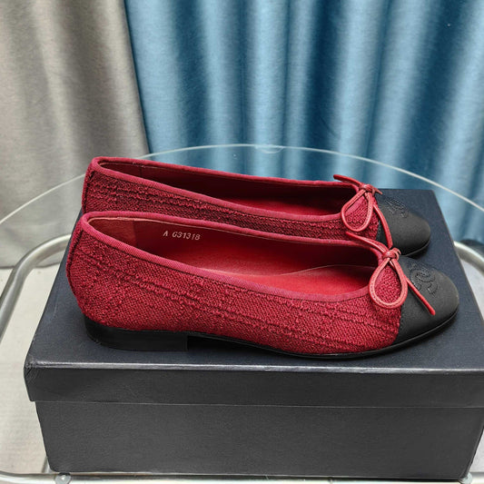 CHANEL 25P Ballet Flat Red Tweed Black Calfskin