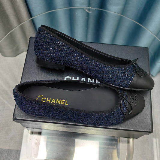 CHANEL 25P Ballet Flat Dark Blue Tweed Black Calfskin