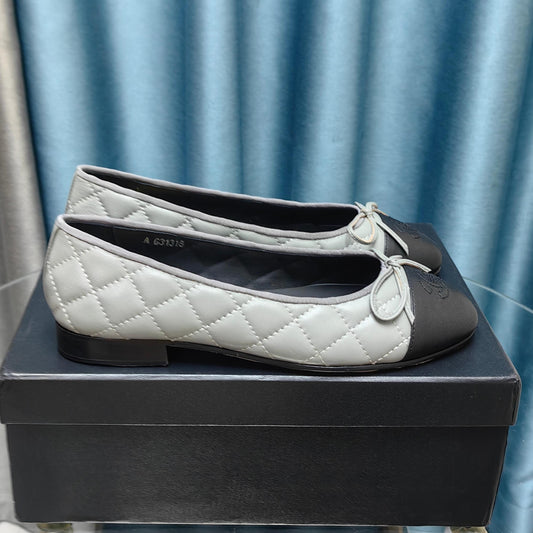 CHANEL 25P Ballet Flat Grey Black Calfskin