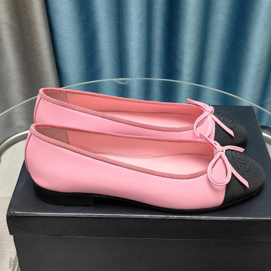 CHANEL 25P Ballet Flat Pink Calfskin Black Grosgrain