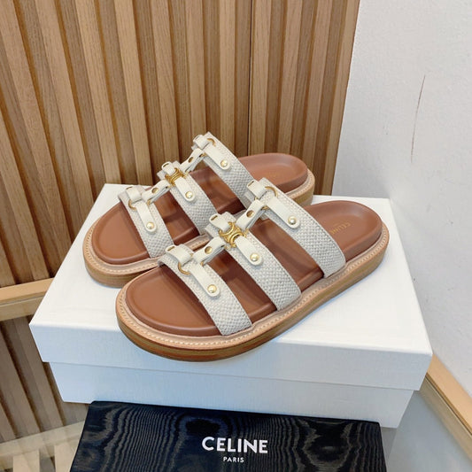 Celine TIPPI SLIDE IN CANVAS & CALFSKIN NATURAL WHITE