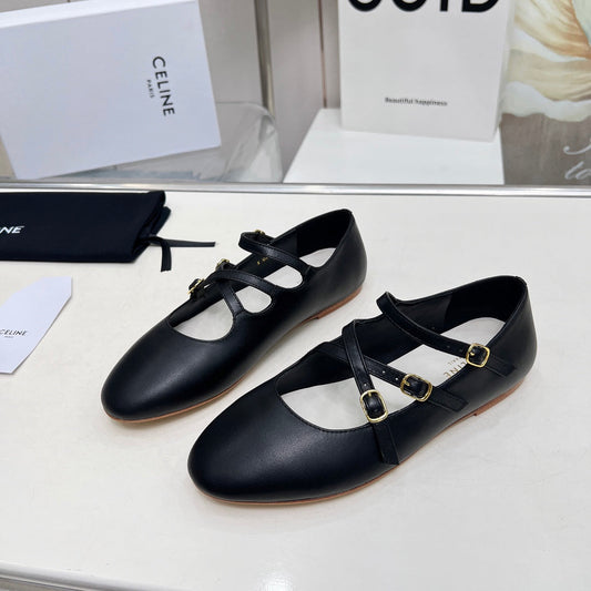 Celine BALLET FLAT WITH CROSSOVER STRAP IN BLACK LAMBSKIN