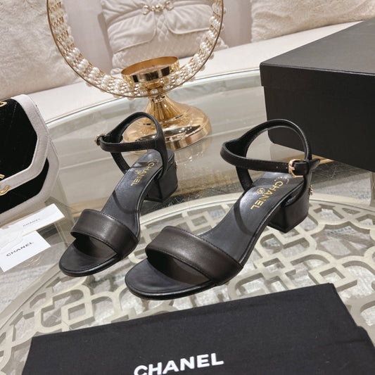 CHANEL 25C 5CM Mid Heed Sandals Black Italian Leather 213315