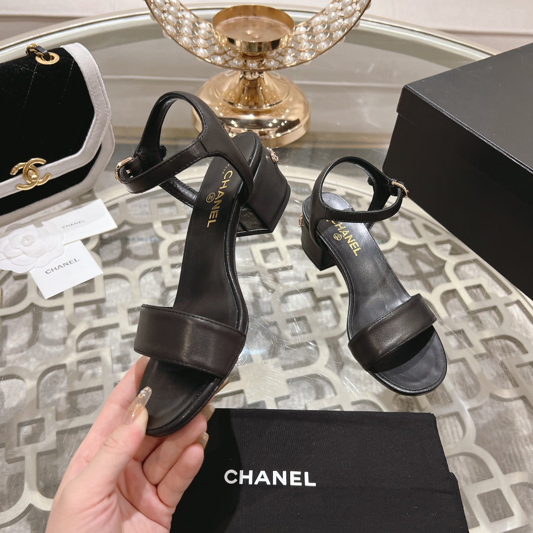 CHANEL 25C 5CM Mid Heed Sandals Black Italian Leather 213315
