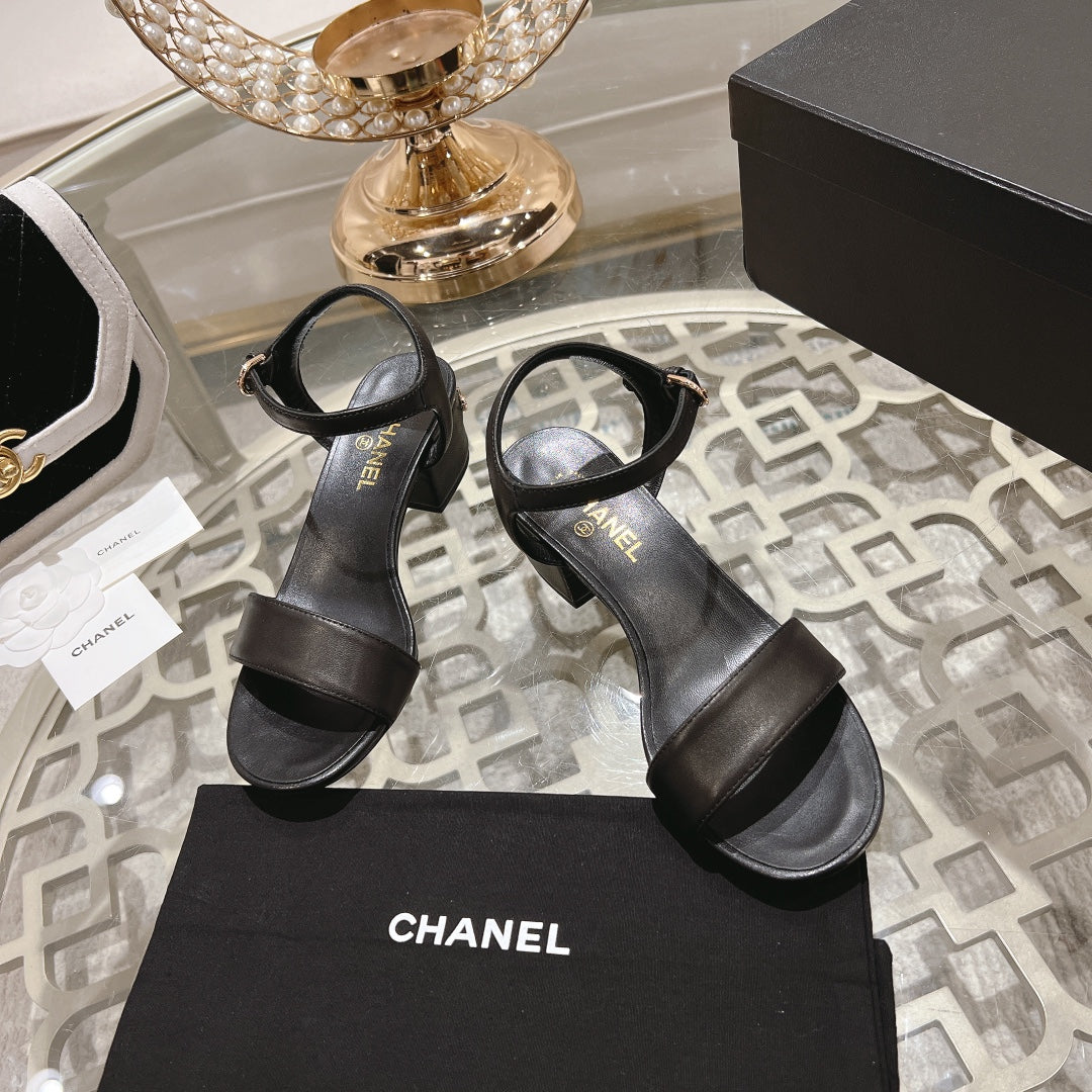 CHANEL 25C 5CM Mid Heed Sandals Black Italian Leather 213315