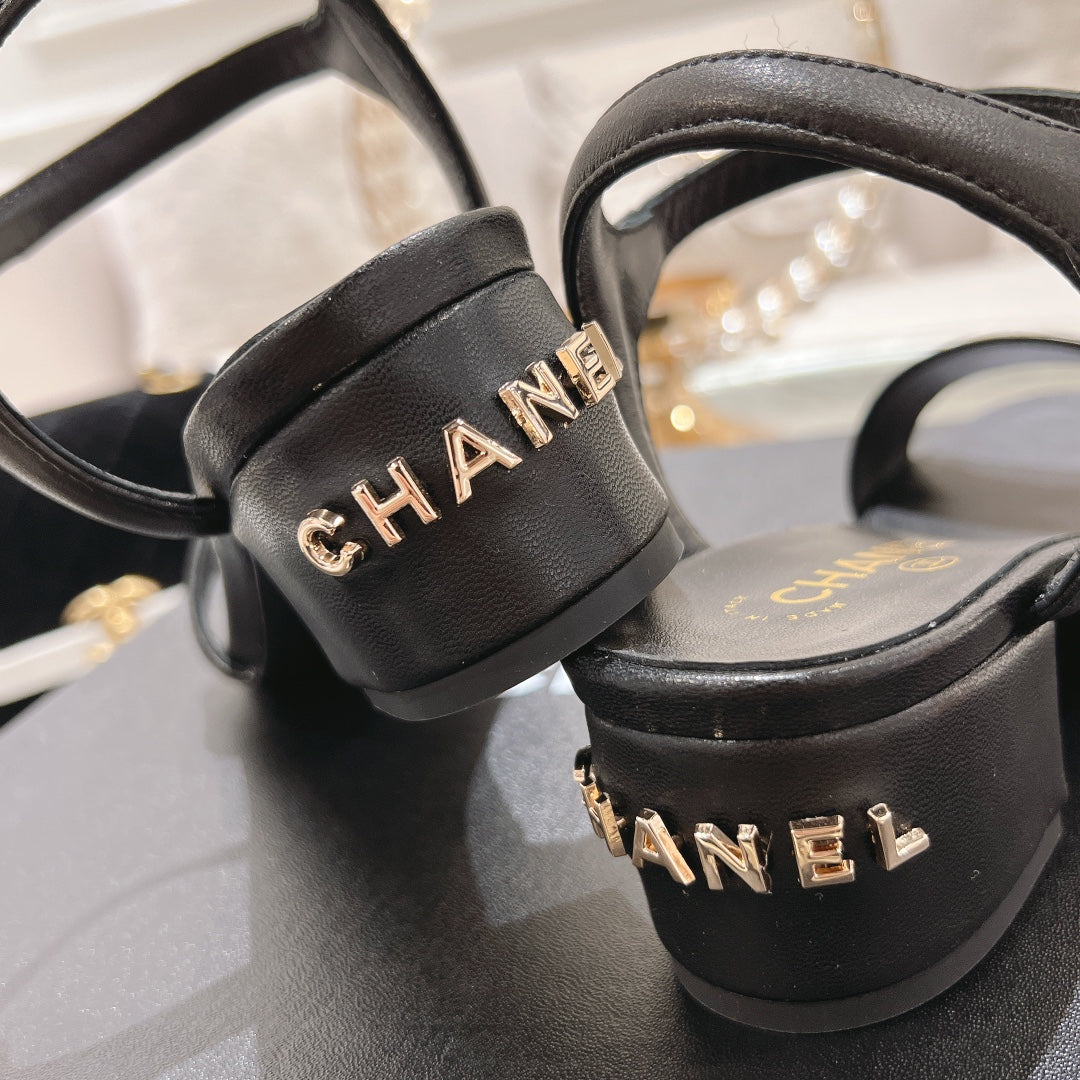 CHANEL 25C 5CM Mid Heed Sandals Black Italian Leather 213315