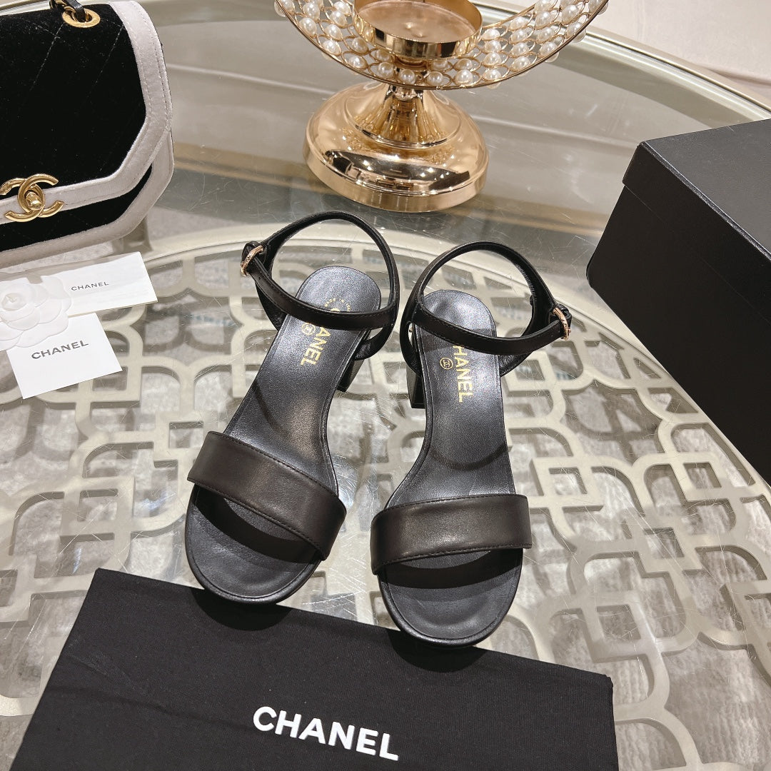 CHANEL 25C 5CM Mid Heed Sandals Black Italian Leather 213315