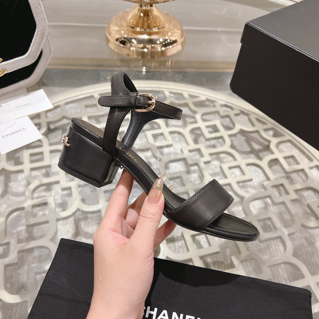 CHANEL 25C 5CM Mid Heed Sandals Black Italian Leather 213315