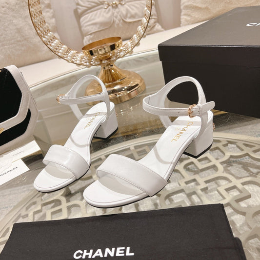 CHANEL 25C 5CM Mid Heed Sandals White Italian Leather 213316