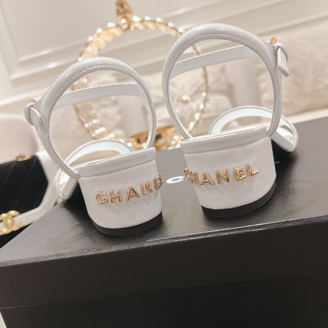 CHANEL 25C 5CM Mid Heed Sandals White Italian Leather 213316