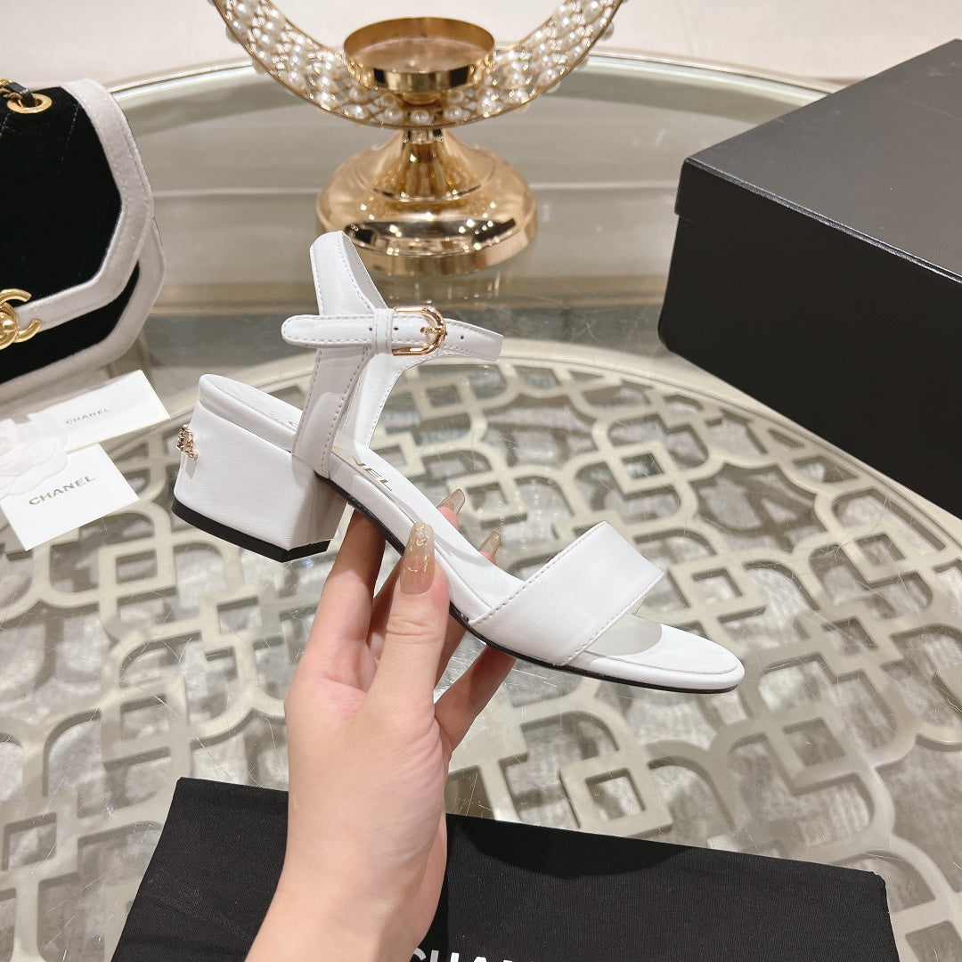 CHANEL 25C 5CM Mid Heed Sandals White Italian Leather 213316