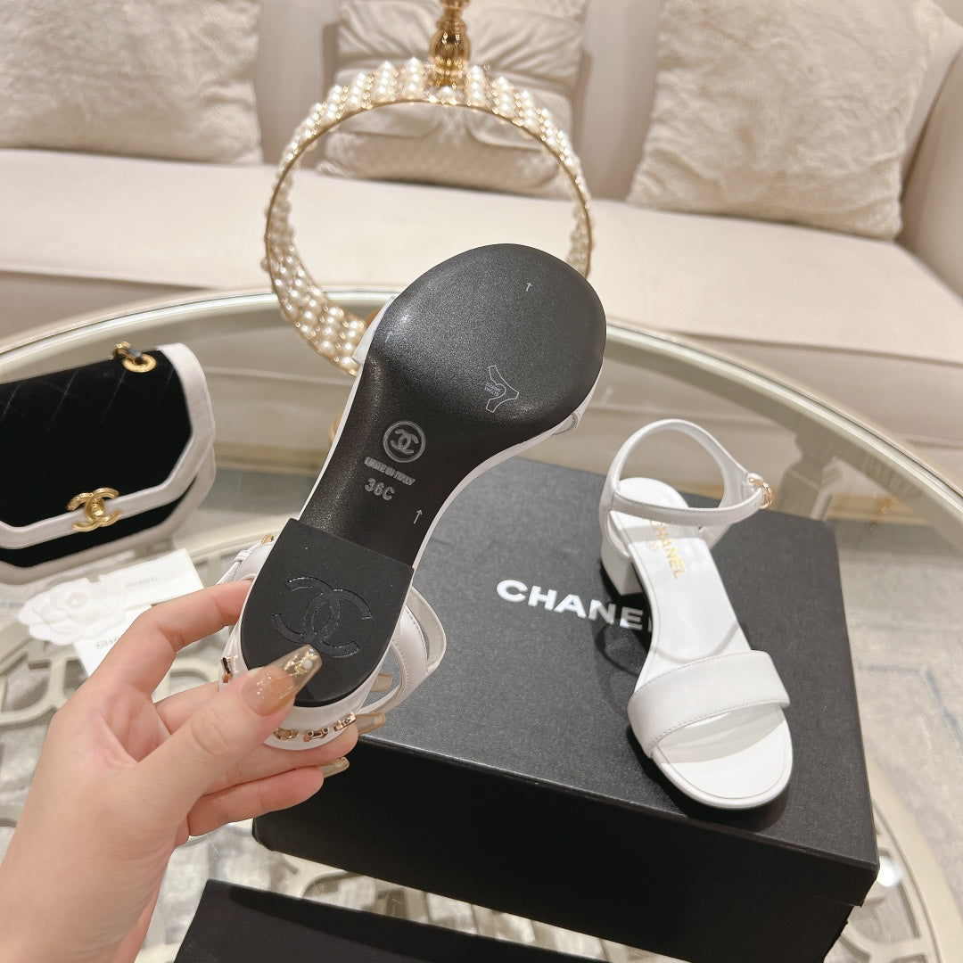 CHANEL 25C 5CM Mid Heed Sandals White Italian Leather 213316
