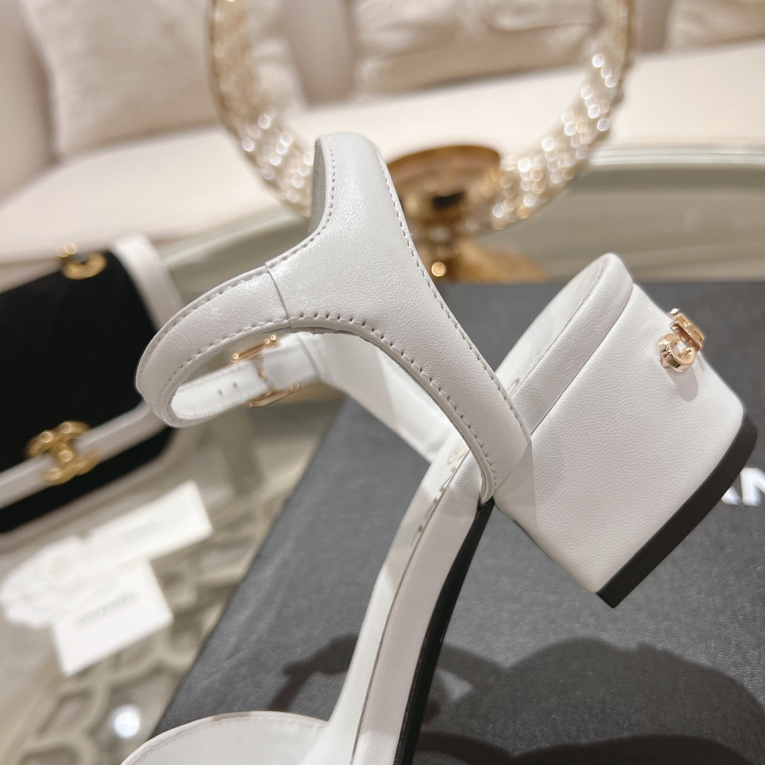 CHANEL 25C 5CM Mid Heed Sandals White Italian Leather 213316
