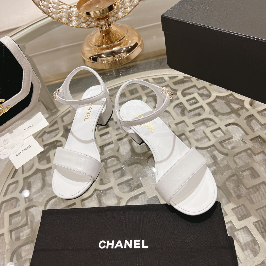 CHANEL 25C 5CM Mid Heed Sandals White Italian Leather 213316