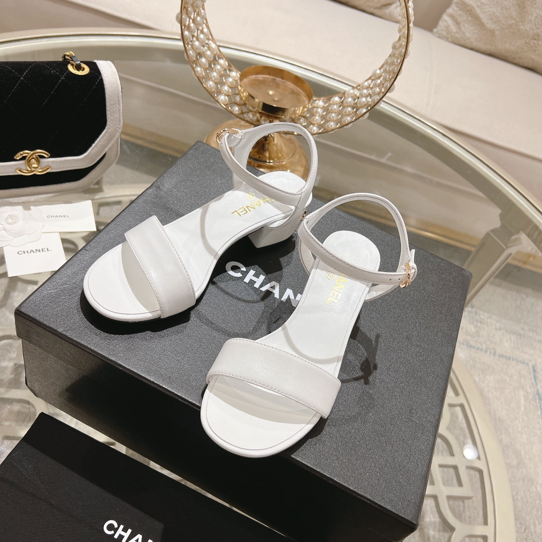 CHANEL 25C 5CM Mid Heed Sandals White Italian Leather 213316
