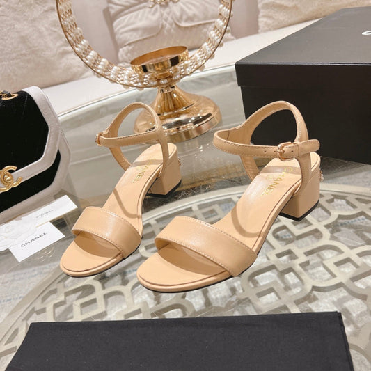 CHANEL 25C 5CM Mid Heed Sandals Cream Italian Leather 213317
