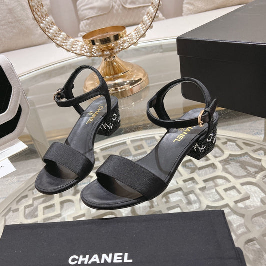 CHANEL 25C 5CM Mid Heed Sandals Black Fabric 213321