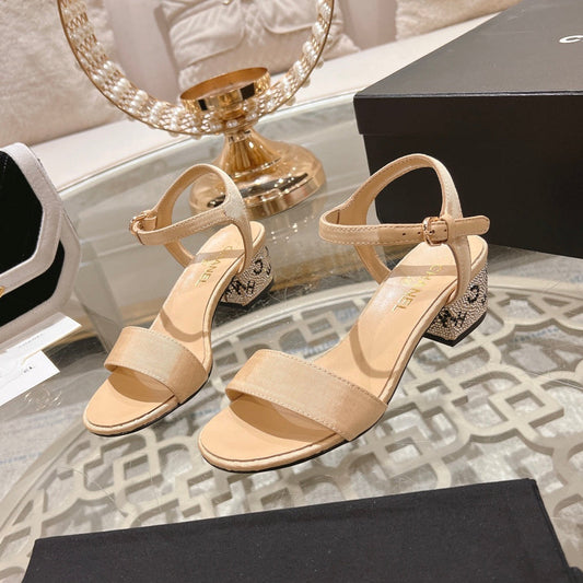 CHANEL 25C 5CM Mid Heed Sandals Cream Fabric 213322