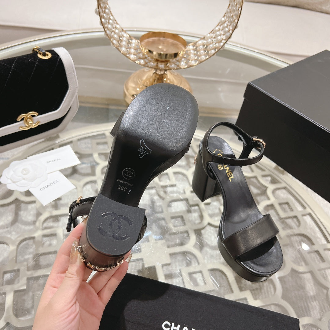 CHANEL 25C 10CM Mid Heed Sandals Black Italian Leather 213318