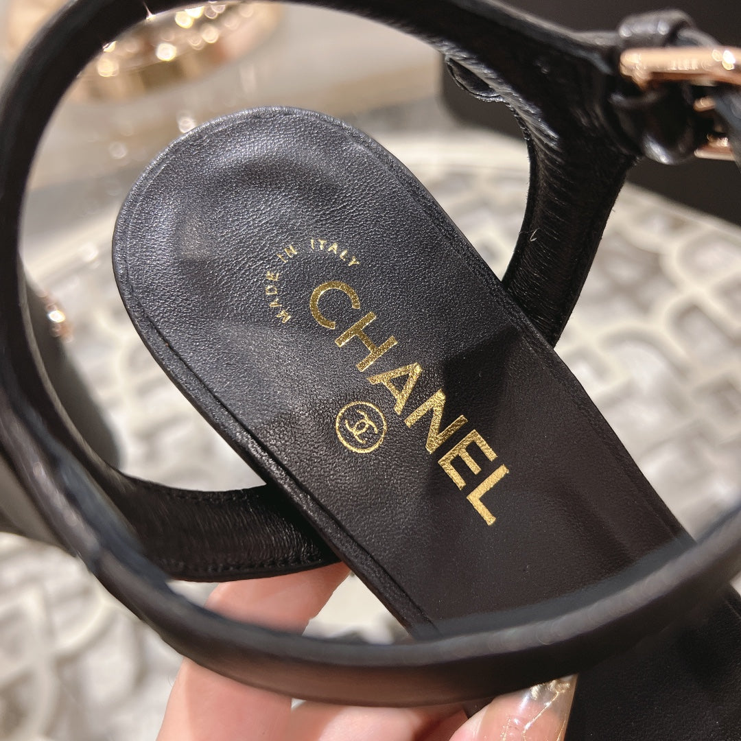CHANEL 25C 10CM Mid Heed Sandals Black Italian Leather 213318