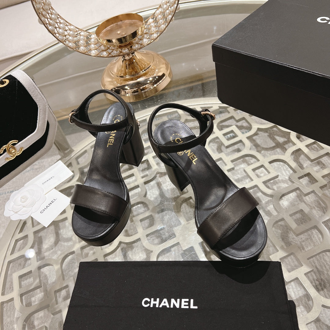 CHANEL 25C 10CM Mid Heed Sandals Black Italian Leather 213318